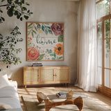 Flower Fest II by Mary Urban. Shown in a natural wood frame in a cozy modern living room. Available as an archival giclee rolled canvas, fine art paper, or poster print. SKU 59085a.
