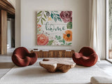 Flower Fest II by Mary Urban. Shown as extra-large giant wall art in a modern living room. Available as an archival giclee rolled canvas, fine art paper, or poster print. SKU 59085a.