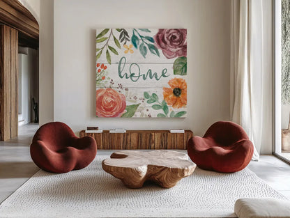 Flower Fest II by Mary Urban. Shown as extra-large giant wall art in a modern living room. Available as an archival giclee rolled canvas, fine art paper, or poster print. SKU 59085a.