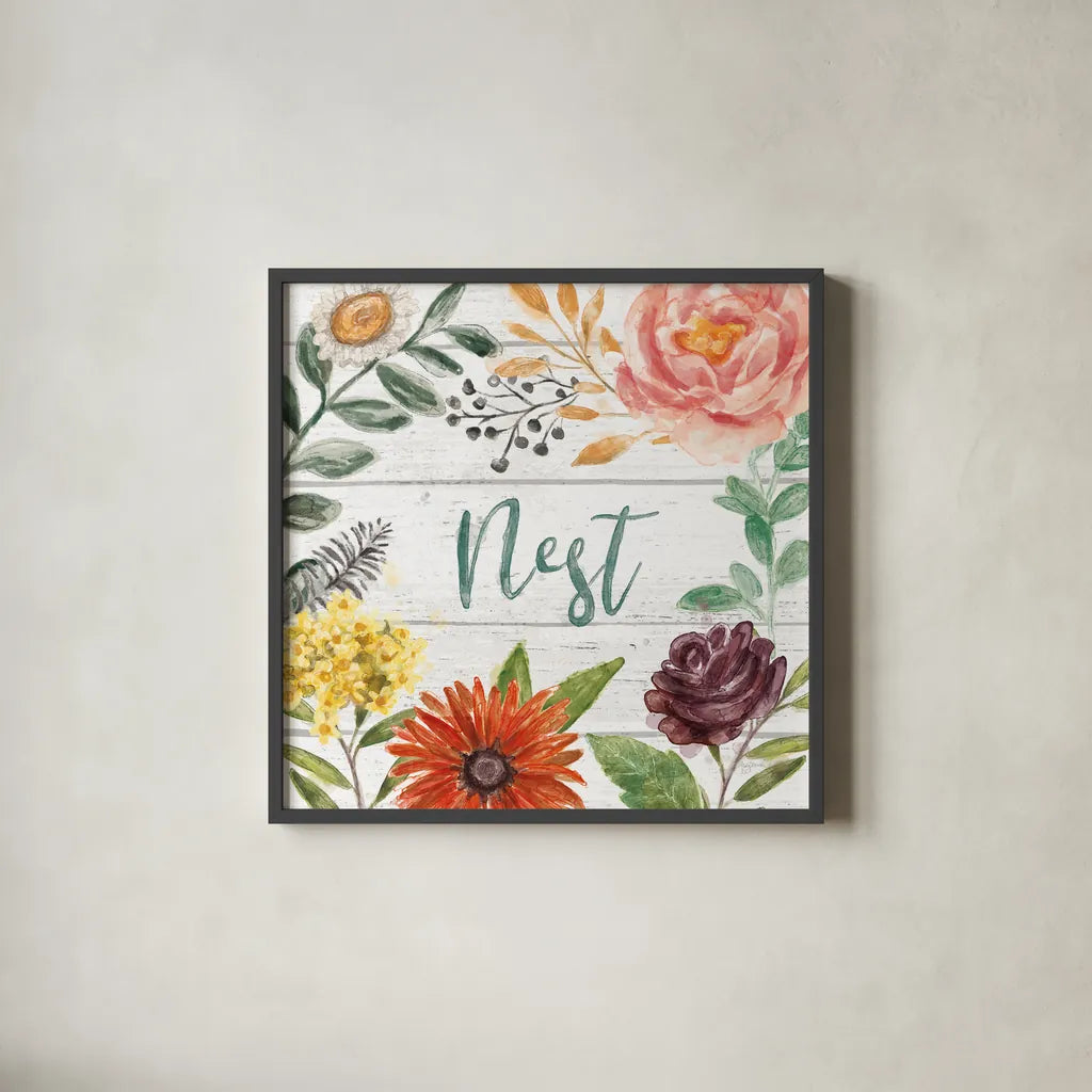 Flower Fest III by Mary Urban. Shown in a sleek black glass frame for a contemporary gallery look. Available as an archival giclee rolled canvas, fine art paper, or poster print. SKU 59086a.