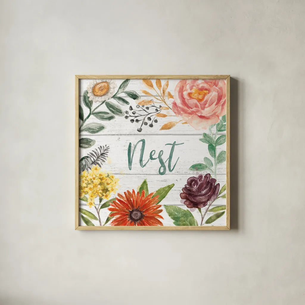 Flower Fest III by Mary Urban. Shown in a natural wood glass frame for a timeless modern aesthetic. Available as an archival giclee rolled canvas, fine art paper, or poster print. SKU 59086a.