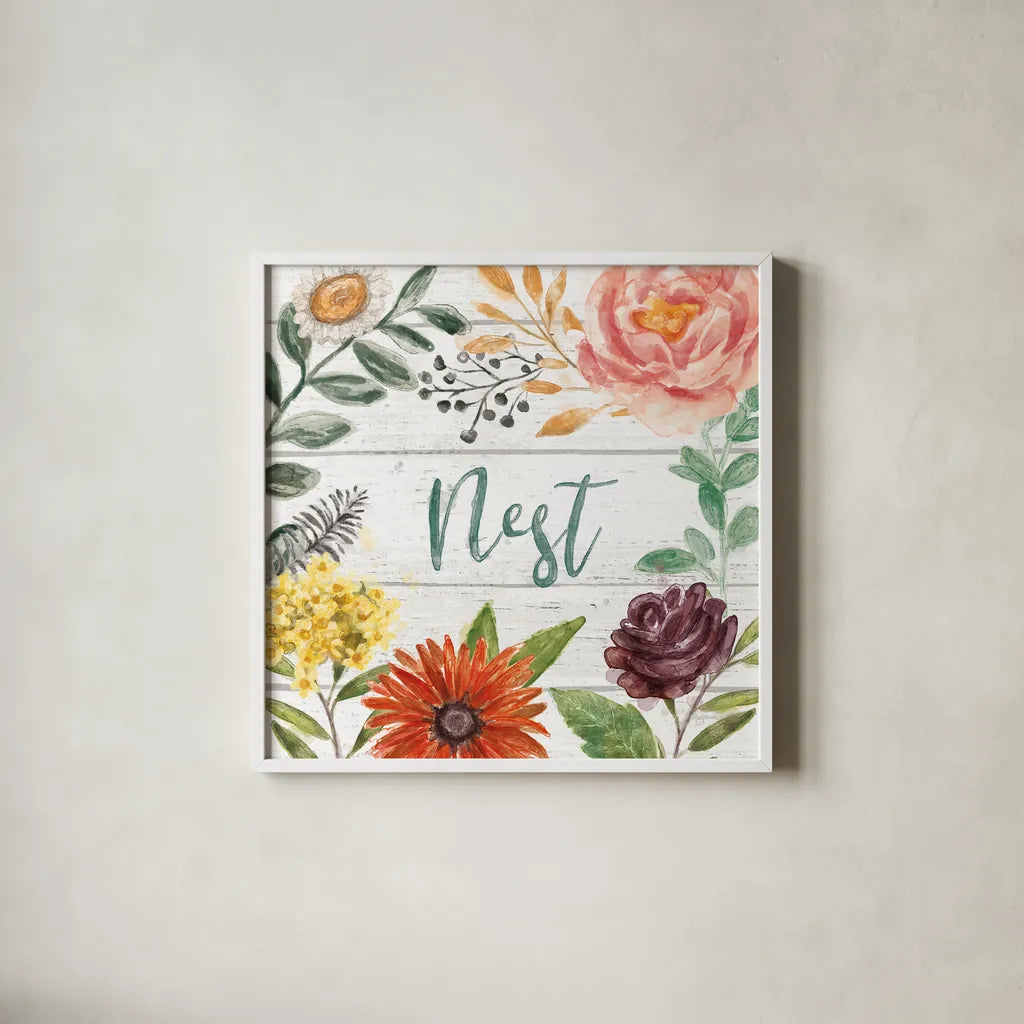 Flower Fest III by Mary Urban. Shown in a crisp white glass frame for a clean and minimalist style. Available as an archival giclee rolled canvas, fine art paper, or poster print. SKU 59086a.