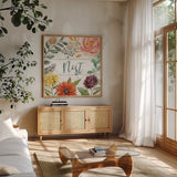 Flower Fest III by Mary Urban. Shown in a natural wood frame in a cozy modern living room. Available as an archival giclee rolled canvas, fine art paper, or poster print. SKU 59086a.