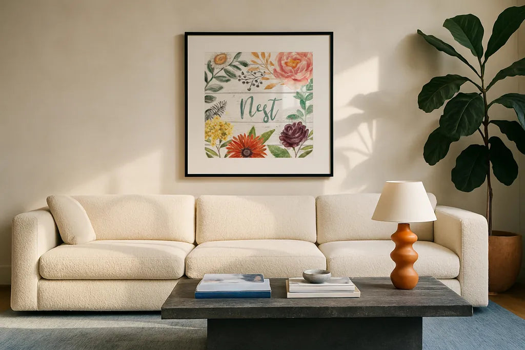 Flower Fest III by Mary Urban. Displayed in a glass frame with matte in a clean modern living room. Available as an archival giclee rolled canvas, fine art paper, or poster print. SKU 59086a.