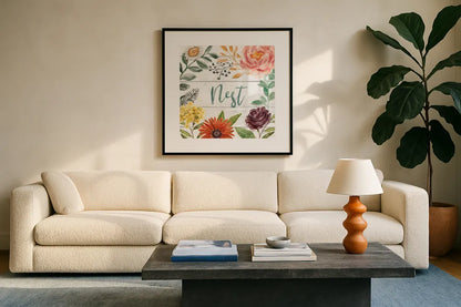 Flower Fest III by Mary Urban. Displayed in a glass frame with matte in a clean modern living room. Available as an archival giclee rolled canvas, fine art paper, or poster print. SKU 59086a.