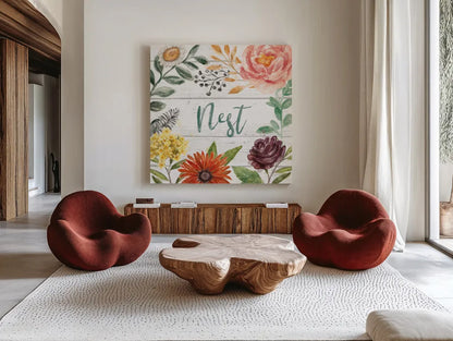 Flower Fest III by Mary Urban. Shown as extra-large giant wall art in a modern living room. Available as an archival giclee rolled canvas, fine art paper, or poster print. SKU 59086a.