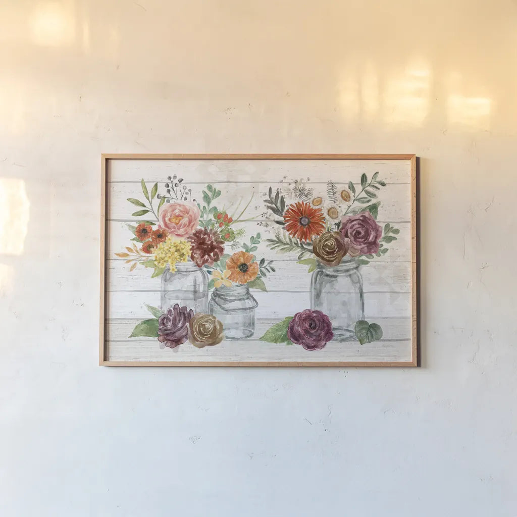 Flower Fest IV by Mary Urban. shown as a paper print in a natural frame. Available as a archival giclee rolled canvas, fine art paper, or poster print. SKU 59087i.