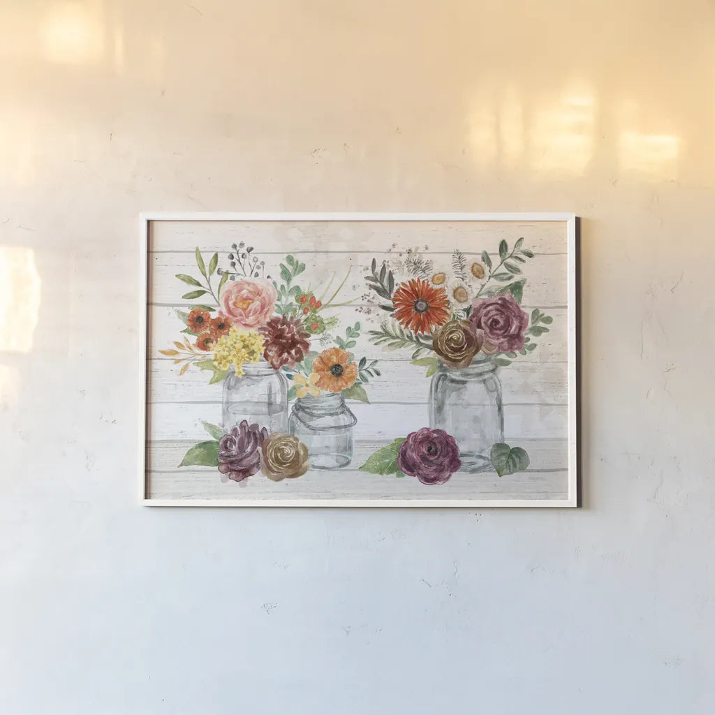Flower Fest IV by Mary Urban. shown as a paper print in a white frame. Available as a archival giclee rolled canvas, fine art paper, or poster print. SKU 59087i.