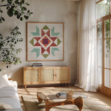 Flower Fest VII by Mary Urban. Shown in a natural wood frame in a cozy modern living room. Available as an archival giclee rolled canvas, fine art paper, or poster print. SKU 59090a.