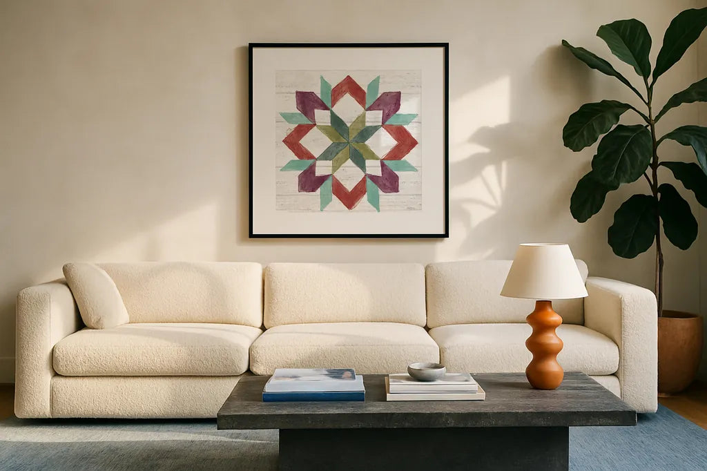 Flower Fest VIII by Mary Urban. Displayed in a glass frame with matte in a clean modern living room. Available as an archival giclee rolled canvas, fine art paper, or poster print. SKU 59091a.