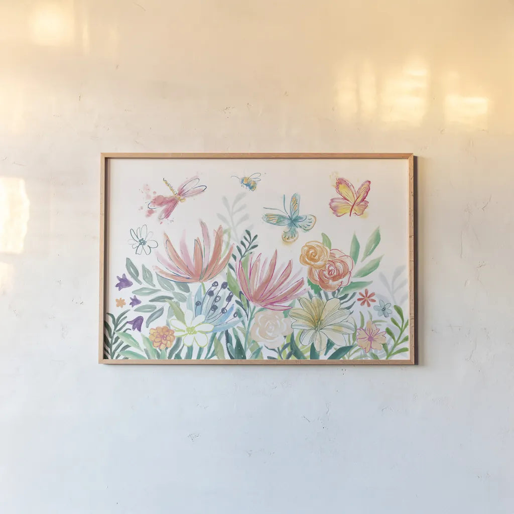 Flower Fun I by Mary Urban. shown as a paper print in a natural frame. Available as a archival giclee rolled canvas, fine art paper, or poster print. SKU 79601i.