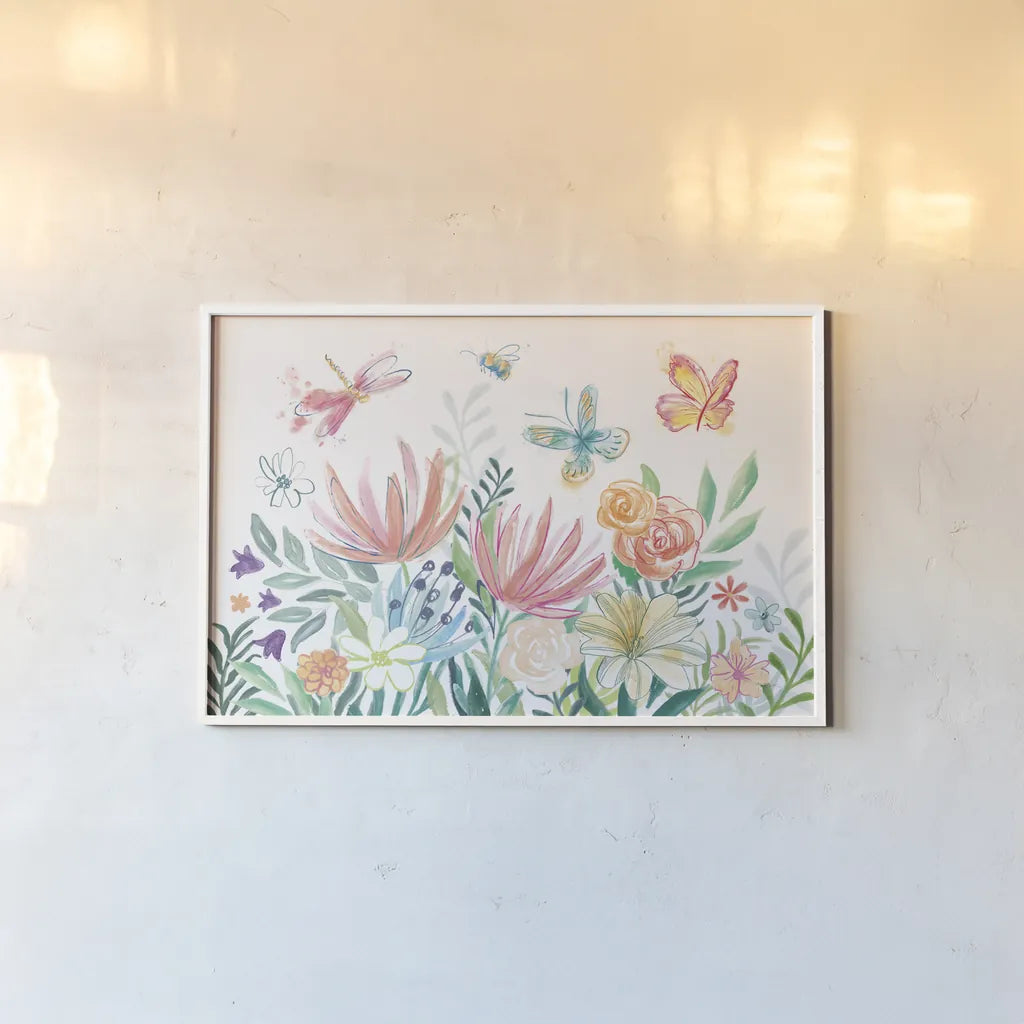 Flower Fun I by Mary Urban. shown as a paper print in a white frame. Available as a archival giclee rolled canvas, fine art paper, or poster print. SKU 79601i.