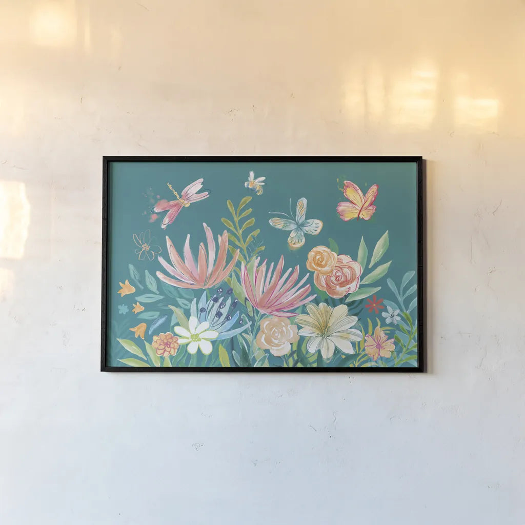 Flower Fun I Dark by Mary Urban. shown as a paper print in a black flame. Available as a archival giclee rolled canvas, fine art paper, or poster print. SKU 82745i.