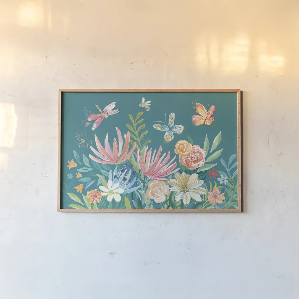 Flower Fun I Dark by Mary Urban. shown as a paper print in a natural frame. Available as a archival giclee rolled canvas, fine art paper, or poster print. SKU 82745i.