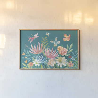 Flower Fun I Dark by Mary Urban. shown as a paper print in a natural frame. Available as a archival giclee rolled canvas, fine art paper, or poster print. SKU 82745i.