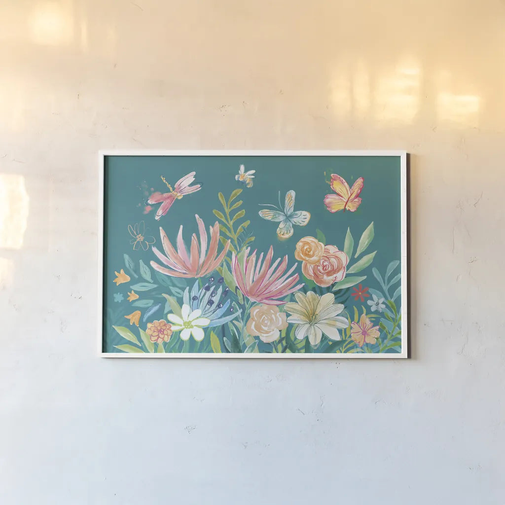 Flower Fun I Dark by Mary Urban. shown as a paper print in a white frame. Available as a archival giclee rolled canvas, fine art paper, or poster print. SKU 82745i.