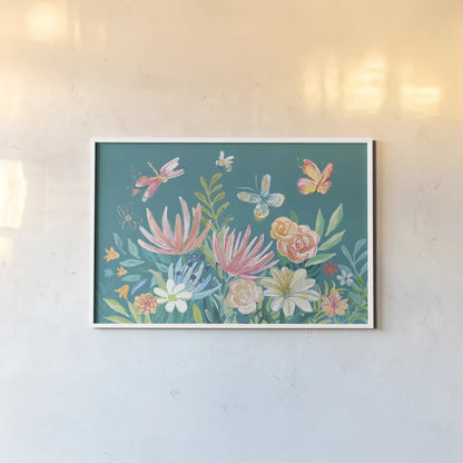 Flower Fun I Dark by Mary Urban. shown as a paper print in a white frame. Available as a archival giclee rolled canvas, fine art paper, or poster print. SKU 82745i.