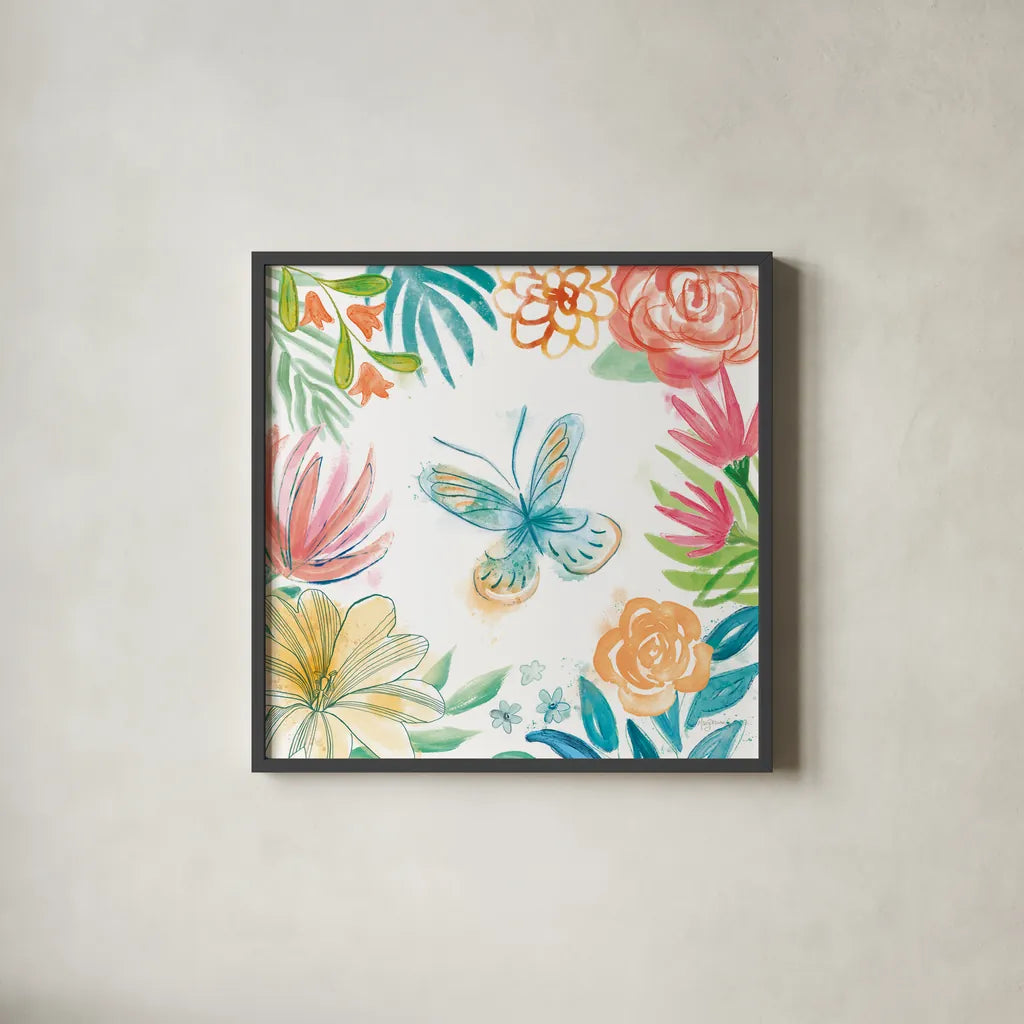 Flower Fun II by Mary Urban. Shown in a sleek black glass frame for a contemporary gallery look. Available as an archival giclee rolled canvas, fine art paper, or poster print. SKU 79602a.