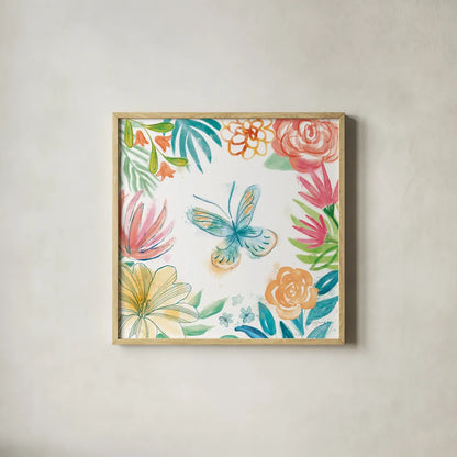 Flower Fun II by Mary Urban. Shown in a natural wood glass frame for a timeless modern aesthetic. Available as an archival giclee rolled canvas, fine art paper, or poster print. SKU 79602a.