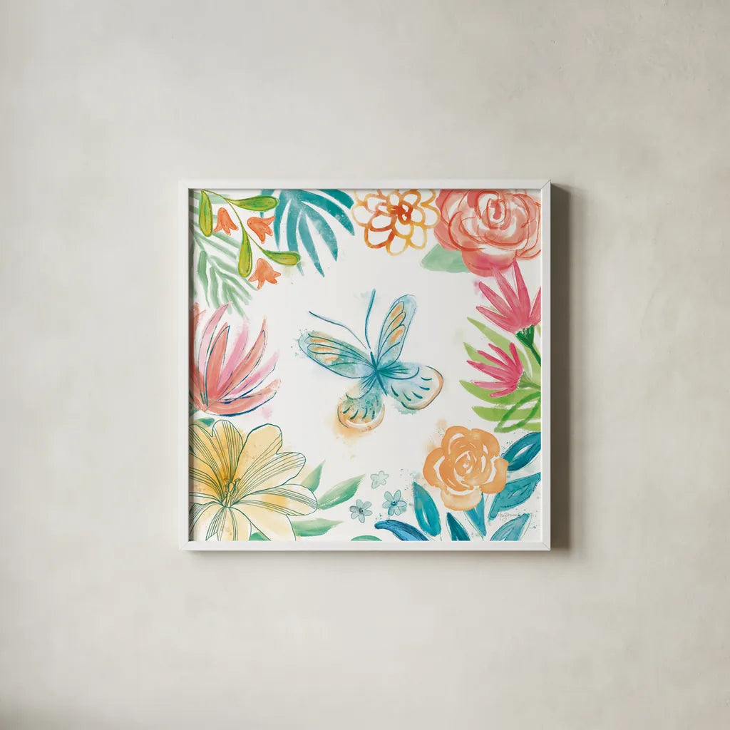 Flower Fun II by Mary Urban. Shown in a crisp white glass frame for a clean and minimalist style. Available as an archival giclee rolled canvas, fine art paper, or poster print. SKU 79602a.