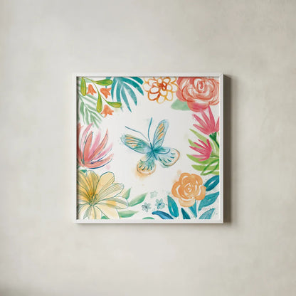 Flower Fun II by Mary Urban. Shown in a crisp white glass frame for a clean and minimalist style. Available as an archival giclee rolled canvas, fine art paper, or poster print. SKU 79602a.
