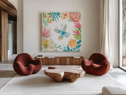 Flower Fun II by Mary Urban. Shown as extra-large giant wall art in a modern living room. Available as an archival giclee rolled canvas, fine art paper, or poster print. SKU 79602a.