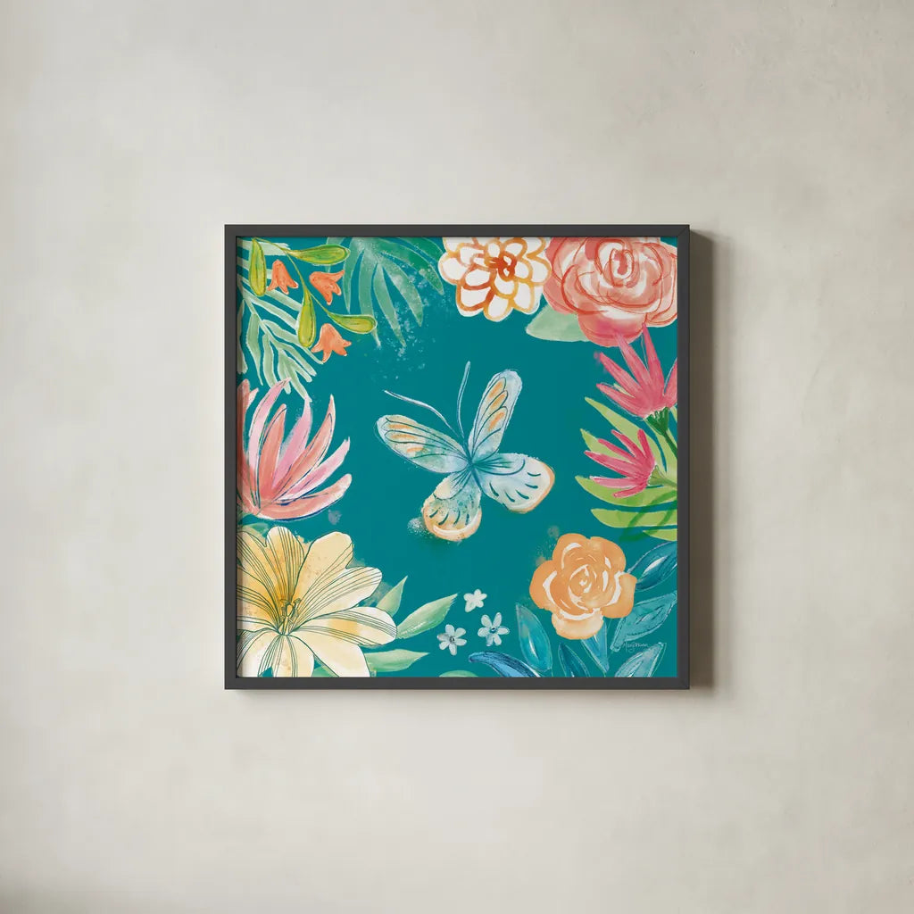 Flower Fun II Dark by Mary Urban. Shown in a sleek black glass frame for a contemporary gallery look. Available as an archival giclee rolled canvas, fine art paper, or poster print. SKU 82746a.