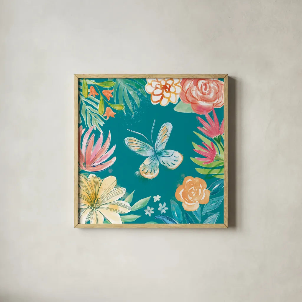 Flower Fun II Dark by Mary Urban. Shown in a natural wood glass frame for a timeless modern aesthetic. Available as an archival giclee rolled canvas, fine art paper, or poster print. SKU 82746a.