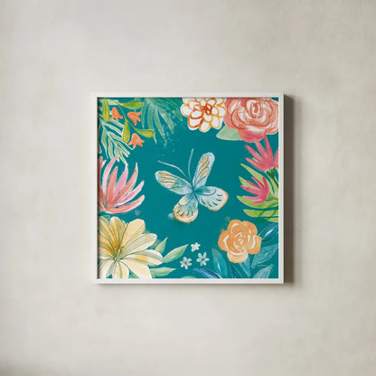 Flower Fun II Dark by Mary Urban. Shown in a crisp white glass frame for a clean and minimalist style. Available as an archival giclee rolled canvas, fine art paper, or poster print. SKU 82746a.