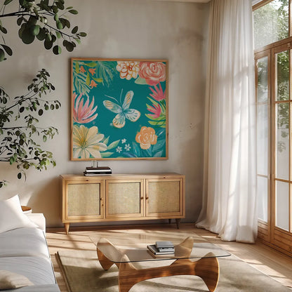 Flower Fun II Dark by Mary Urban. Shown in a natural wood frame in a cozy modern living room. Available as an archival giclee rolled canvas, fine art paper, or poster print. SKU 82746a.