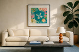 Flower Fun II Dark by Mary Urban. Displayed in a glass frame with matte in a clean modern living room. Available as an archival giclee rolled canvas, fine art paper, or poster print. SKU 82746a.