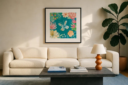 Flower Fun II Dark by Mary Urban. Displayed in a glass frame with matte in a clean modern living room. Available as an archival giclee rolled canvas, fine art paper, or poster print. SKU 82746a.