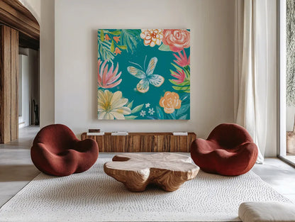 Flower Fun II Dark by Mary Urban. Shown as extra-large giant wall art in a modern living room. Available as an archival giclee rolled canvas, fine art paper, or poster print. SKU 82746a.