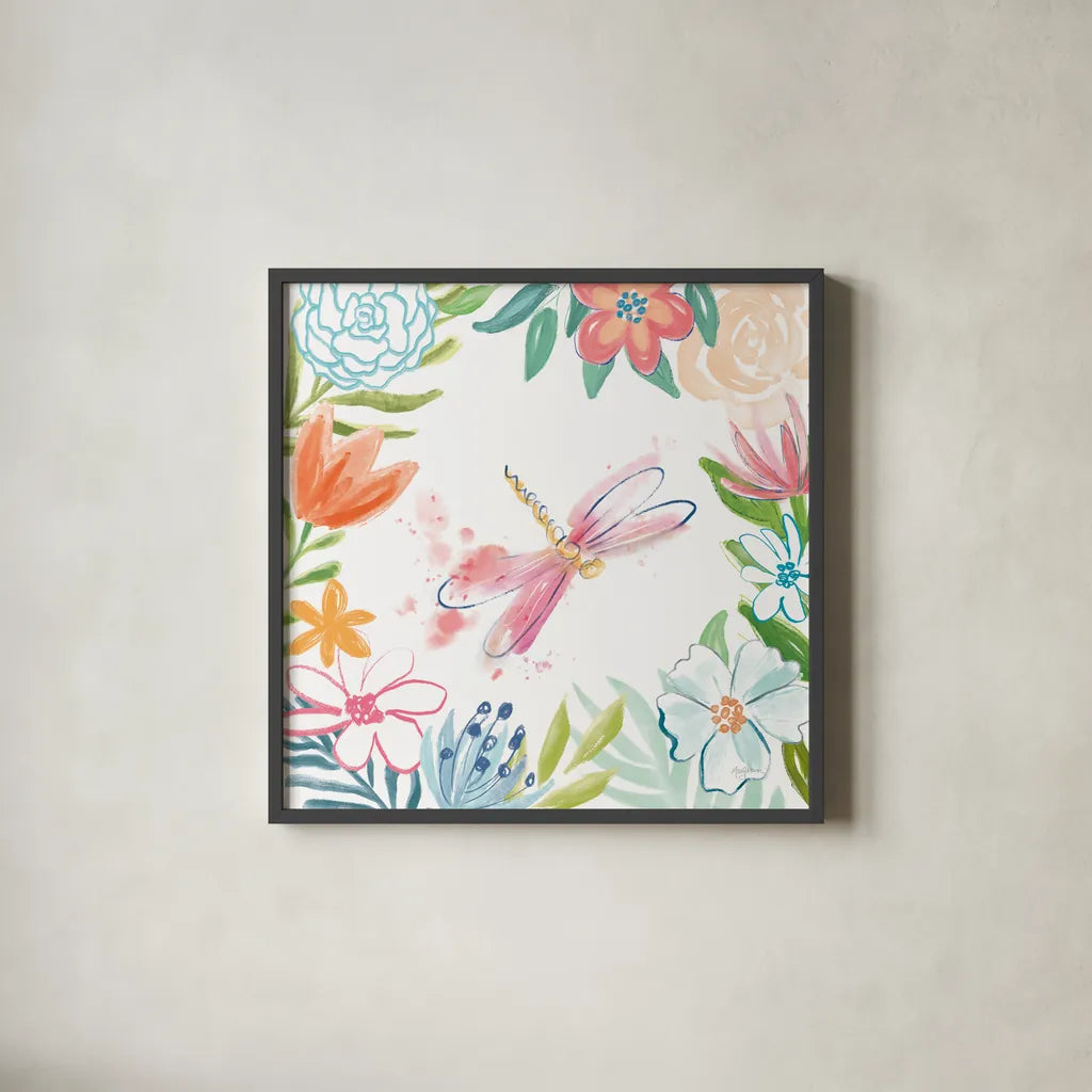Flower Fun III by Mary Urban. Shown in a sleek black glass frame for a contemporary gallery look. Available as an archival giclee rolled canvas, fine art paper, or poster print. SKU 79603a.