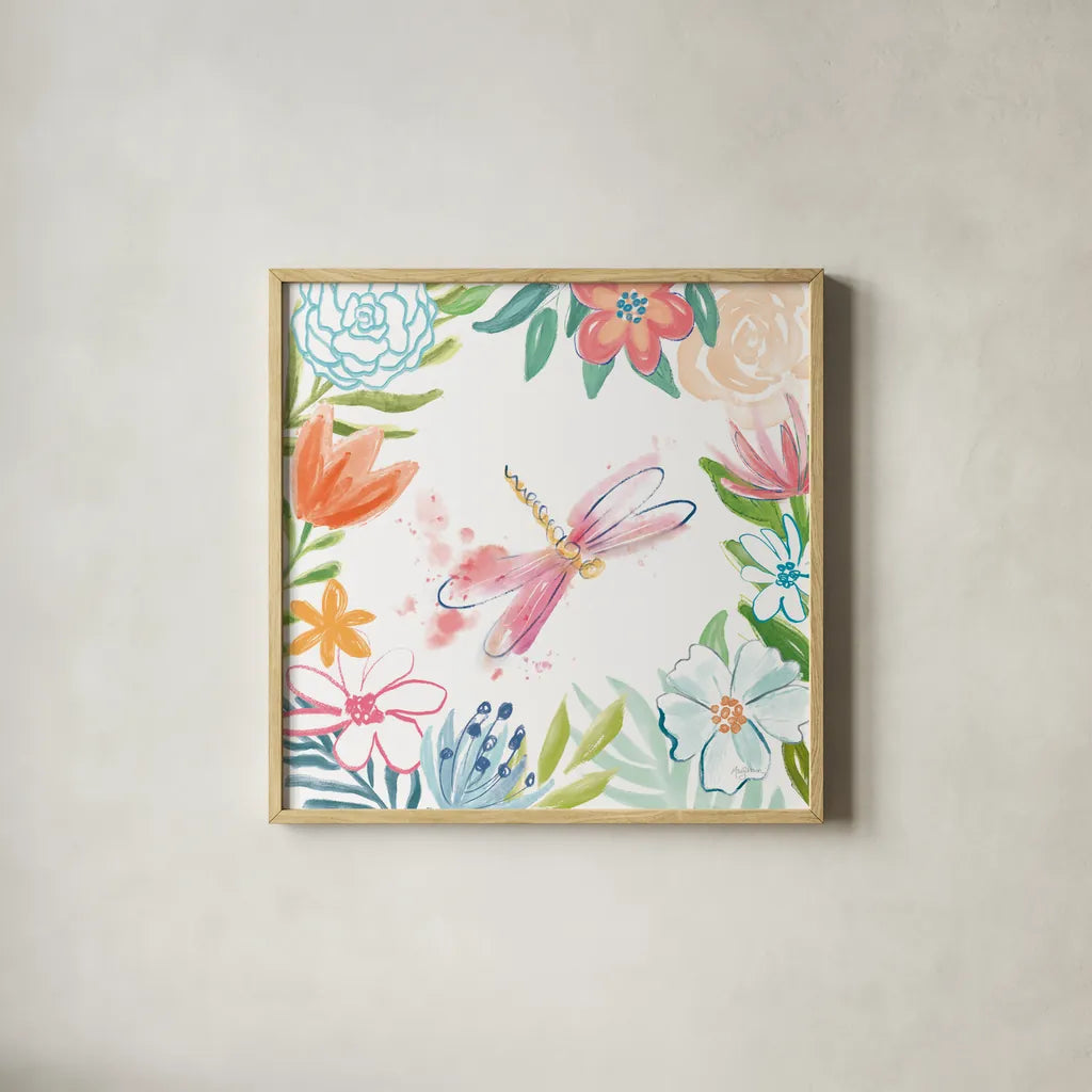 Flower Fun III by Mary Urban. Shown in a natural wood glass frame for a timeless modern aesthetic. Available as an archival giclee rolled canvas, fine art paper, or poster print. SKU 79603a.