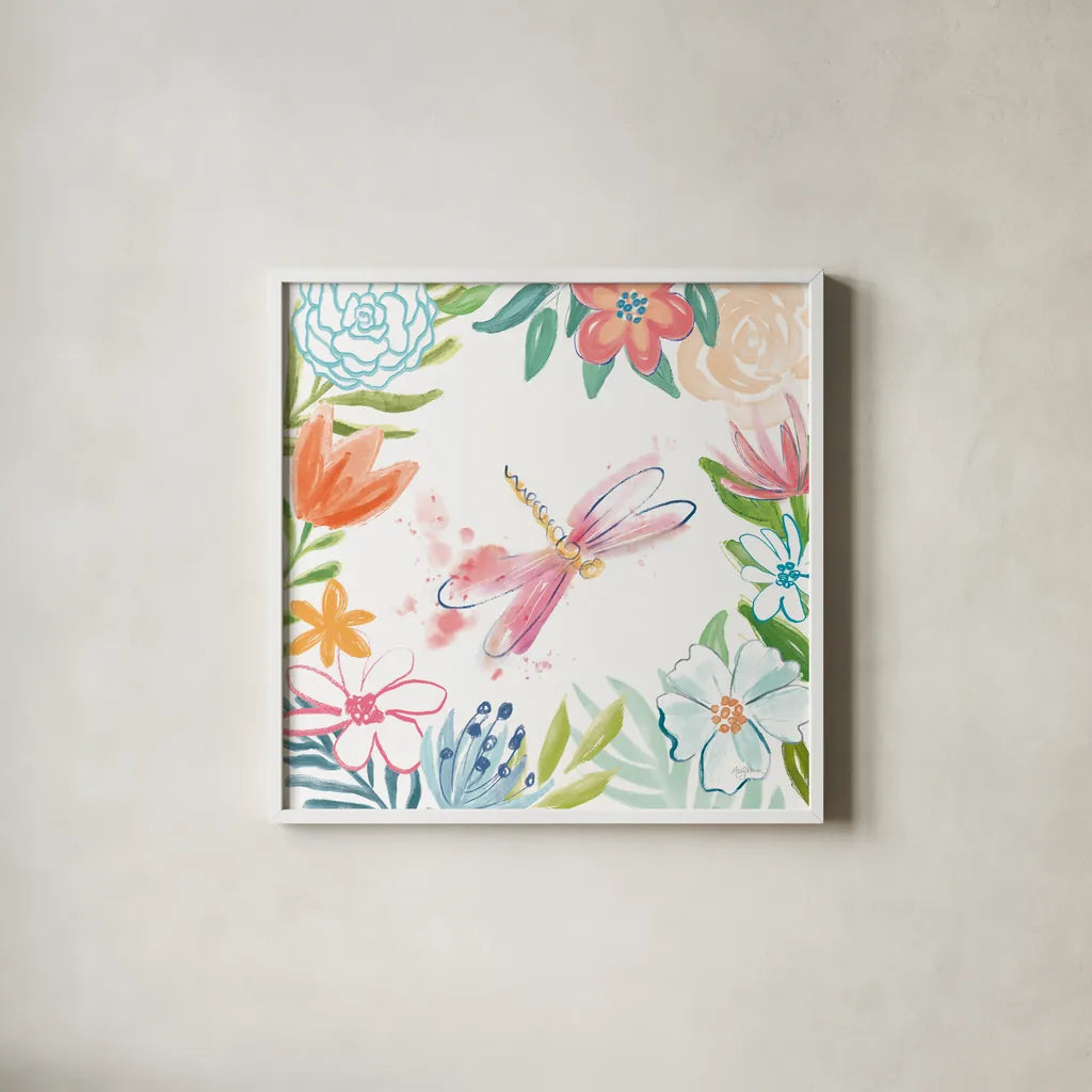 Flower Fun III by Mary Urban. Shown in a crisp white glass frame for a clean and minimalist style. Available as an archival giclee rolled canvas, fine art paper, or poster print. SKU 79603a.