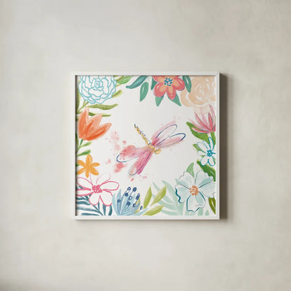 Flower Fun III by Mary Urban. Shown in a crisp white glass frame for a clean and minimalist style. Available as an archival giclee rolled canvas, fine art paper, or poster print. SKU 79603a.