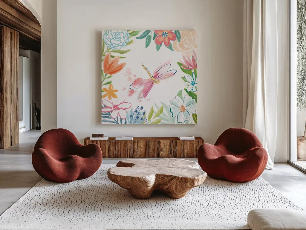 Flower Fun III by Mary Urban. Shown as extra-large giant wall art in a modern living room. Available as an archival giclee rolled canvas, fine art paper, or poster print. SKU 79603a.