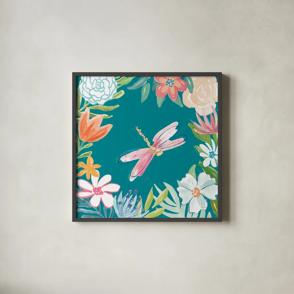 Flower Fun III Dark by Mary Urban. Shown in a sleek black glass frame for a contemporary gallery look. Available as an archival giclee rolled canvas, fine art paper, or poster print. SKU 82747a.