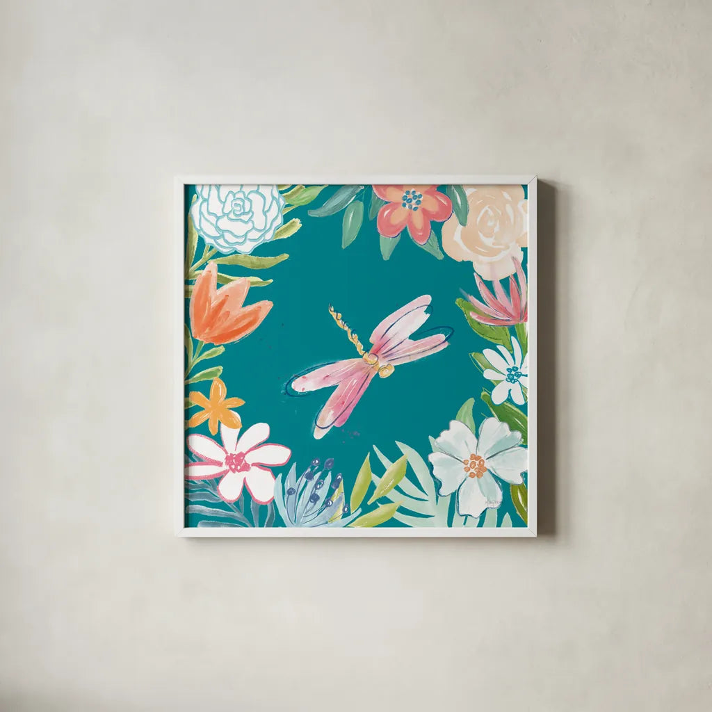 Flower Fun III Dark by Mary Urban. Shown in a crisp white glass frame for a clean and minimalist style. Available as an archival giclee rolled canvas, fine art paper, or poster print. SKU 82747a.