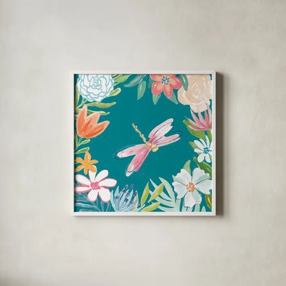 Flower Fun III Dark by Mary Urban. Shown in a crisp white glass frame for a clean and minimalist style. Available as an archival giclee rolled canvas, fine art paper, or poster print. SKU 82747a.