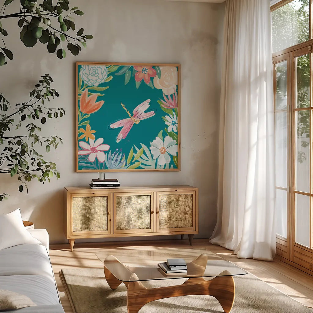 Flower Fun III Dark by Mary Urban. Shown in a natural wood frame in a cozy modern living room. Available as an archival giclee rolled canvas, fine art paper, or poster print. SKU 82747a.