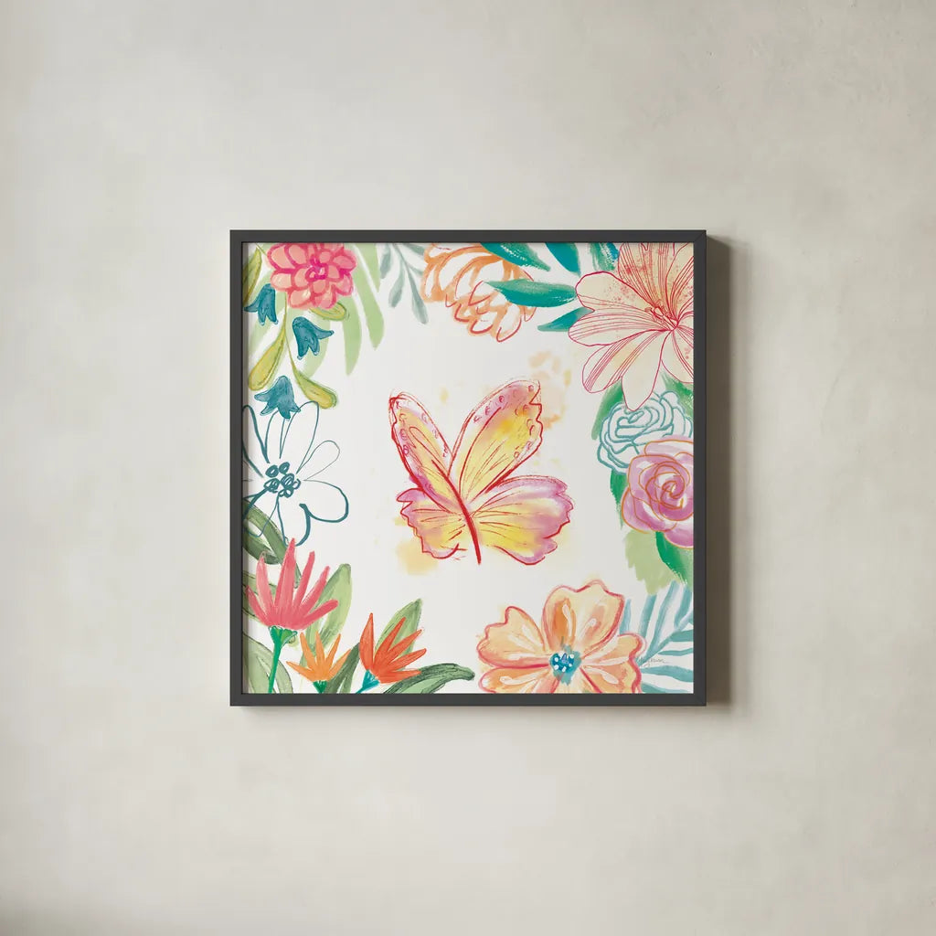 Flower Fun IV by Mary Urban. Shown in a sleek black glass frame for a contemporary gallery look. Available as an archival giclee rolled canvas, fine art paper, or poster print. SKU 79604a.