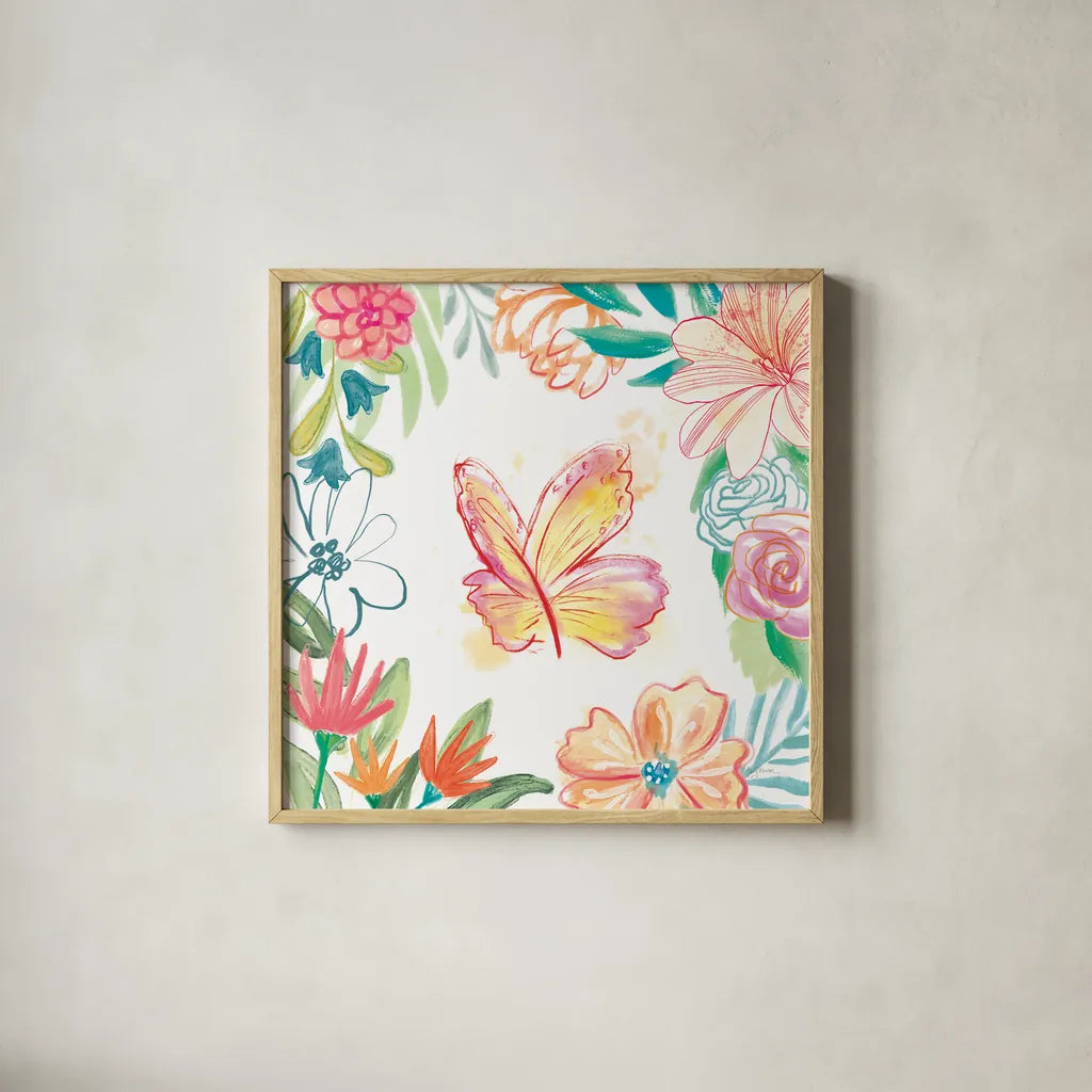 Flower Fun IV by Mary Urban. Shown in a natural wood glass frame for a timeless modern aesthetic. Available as an archival giclee rolled canvas, fine art paper, or poster print. SKU 79604a.