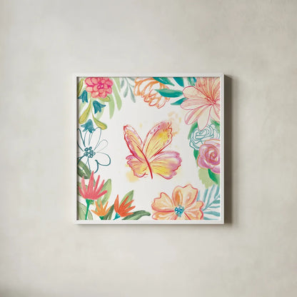 Flower Fun IV by Mary Urban. Shown in a crisp white glass frame for a clean and minimalist style. Available as an archival giclee rolled canvas, fine art paper, or poster print. SKU 79604a.