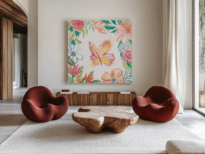 Flower Fun IV by Mary Urban. Shown as extra-large giant wall art in a modern living room. Available as an archival giclee rolled canvas, fine art paper, or poster print. SKU 79604a.