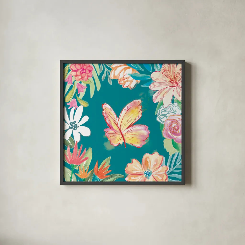 Flower Fun IV Dark by Mary Urban. Shown in a sleek black glass frame for a contemporary gallery look. Available as an archival giclee rolled canvas, fine art paper, or poster print. SKU 82748a.