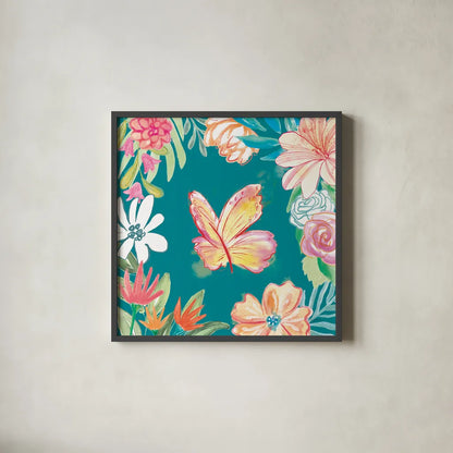 Flower Fun IV Dark by Mary Urban. Shown in a sleek black glass frame for a contemporary gallery look. Available as an archival giclee rolled canvas, fine art paper, or poster print. SKU 82748a.