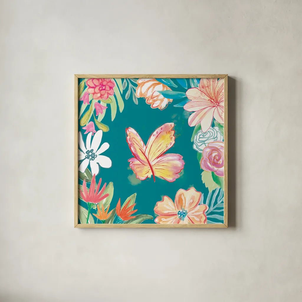 Flower Fun IV Dark by Mary Urban. Shown in a natural wood glass frame for a timeless modern aesthetic. Available as an archival giclee rolled canvas, fine art paper, or poster print. SKU 82748a.