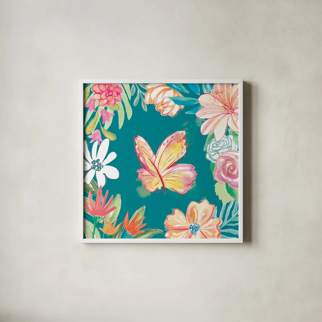 Flower Fun IV Dark by Mary Urban. Shown in a crisp white glass frame for a clean and minimalist style. Available as an archival giclee rolled canvas, fine art paper, or poster print. SKU 82748a.